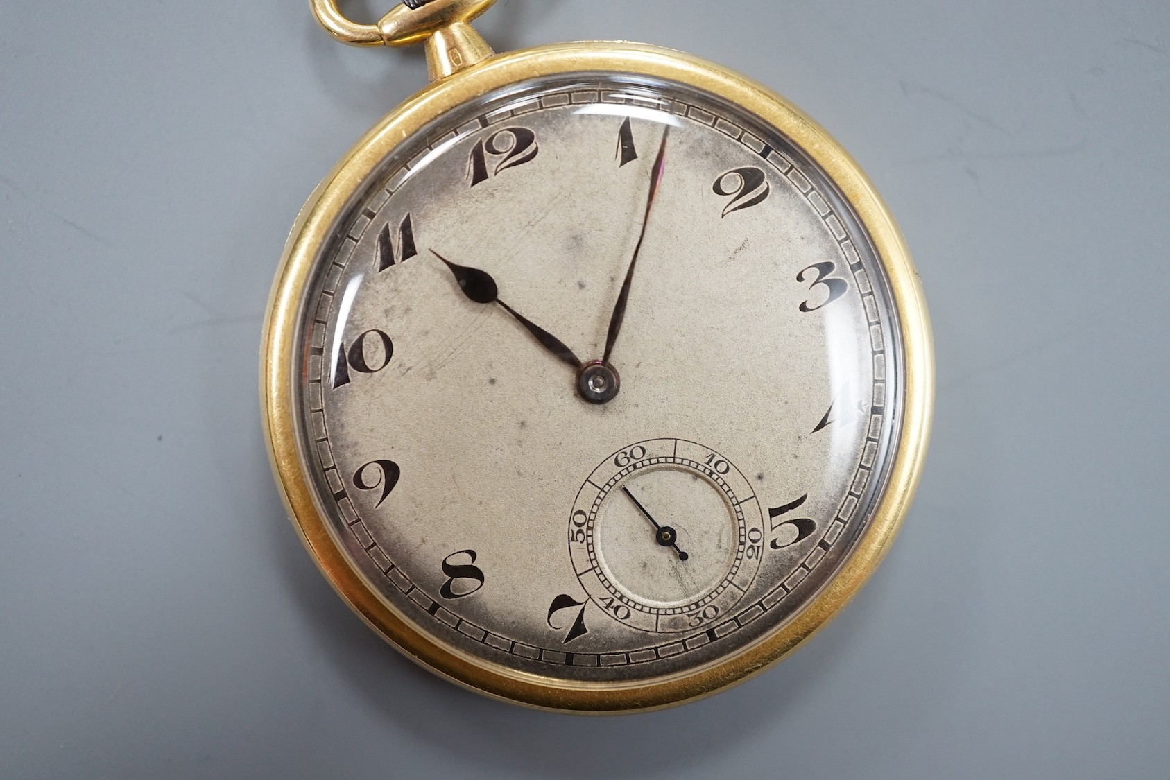 A 1920's Swiss 18ct gold open faced dress pocket watch, case diameter 43mm, gross weight 46.9 grams.